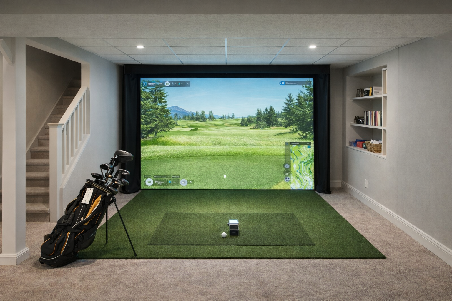 Basement golf simulator setup with screen, turf, and launch monitor