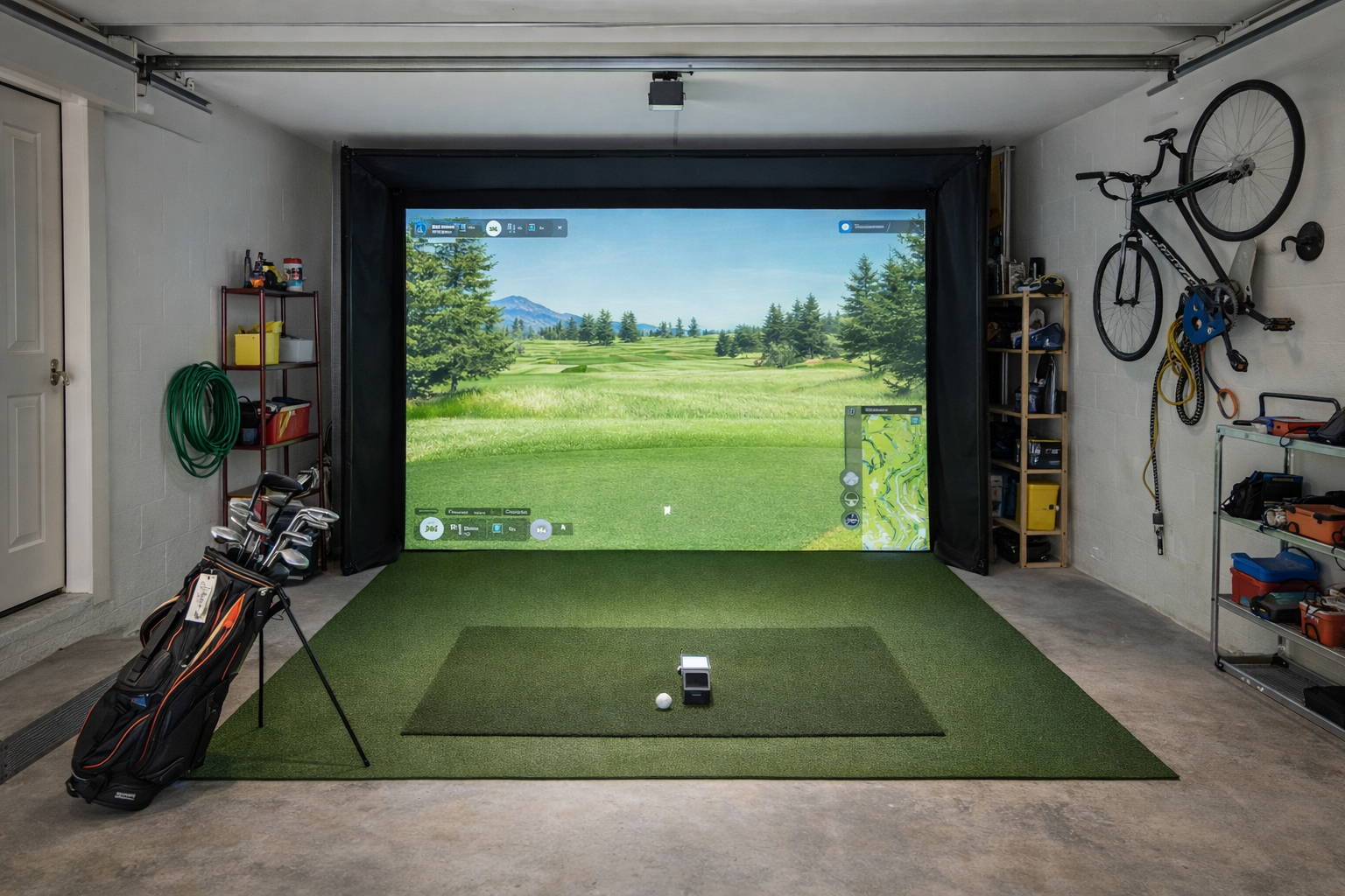 Golf simulator setup in a realistic home garage