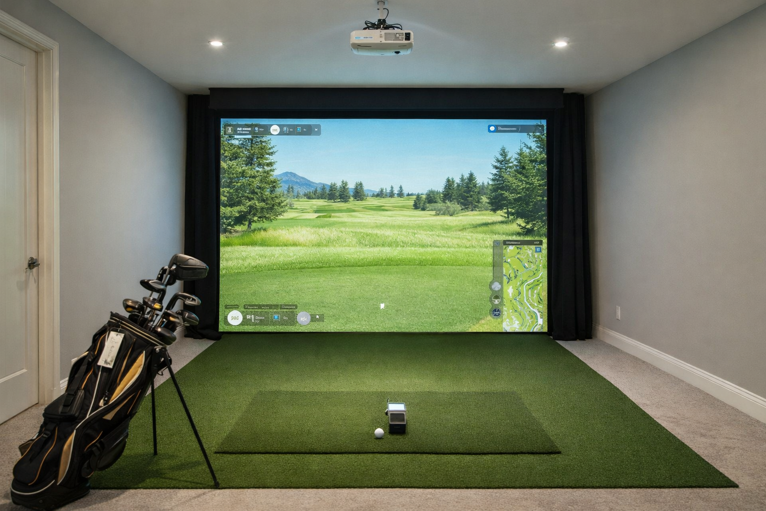 Modern indoor home golf simulator room with hitting area and screen