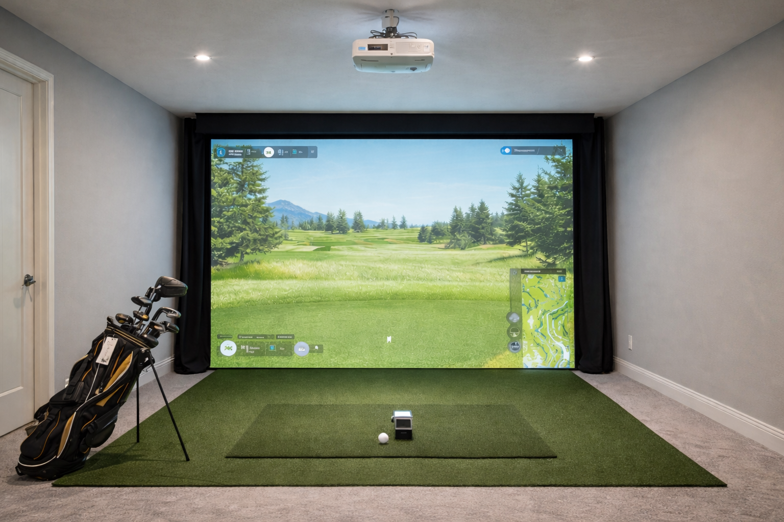 Indoor golf simulator room with projector and impact screen